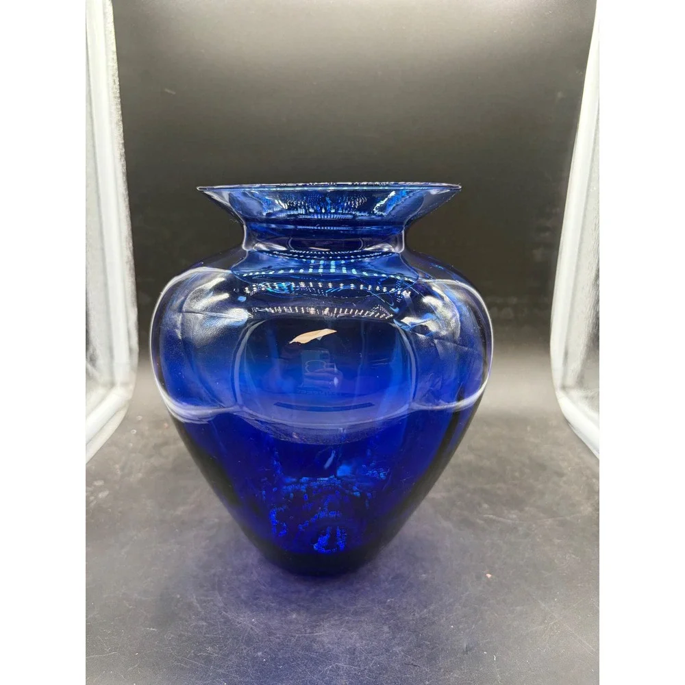 Vintage Cobalt Blue Hand Blown Art Glass Vase Flared Rim Polished Pontil 8.25in
